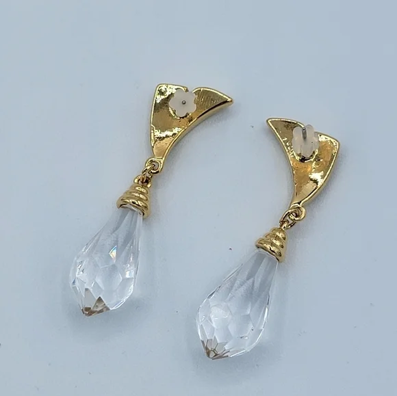 Vintage Gold Tone Earrings Crystal Teardrop #2271 - Picture 8 of 10
